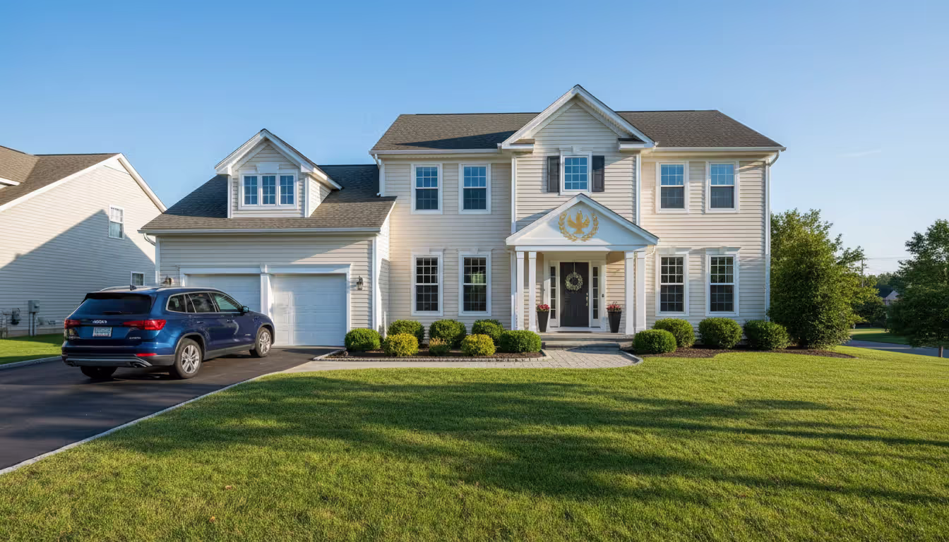 Suburban two-story family house with green lawn and parked car on sunny day