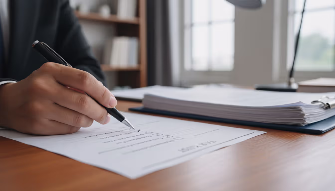 Close-up of a hand checking off an item on a paper checklist next to legal documents on an office desk
