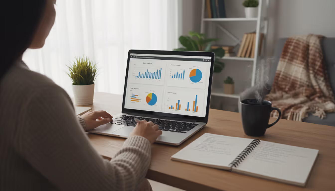 Person sitting at a home desk completing an online educational course on a laptop with a notebook and coffee cup nearby