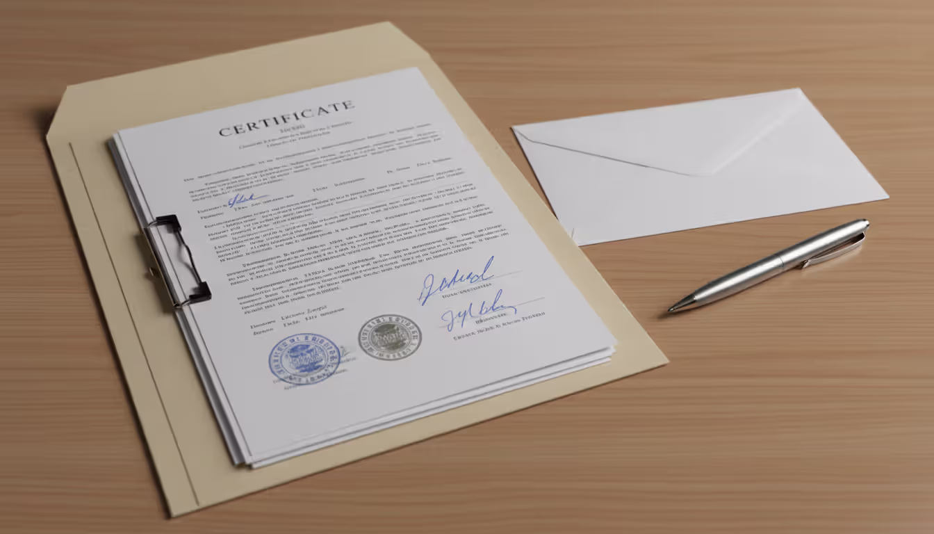 Stack of official certificates and documents with stamps inside an open folder on a wooden desk with an envelope and pen