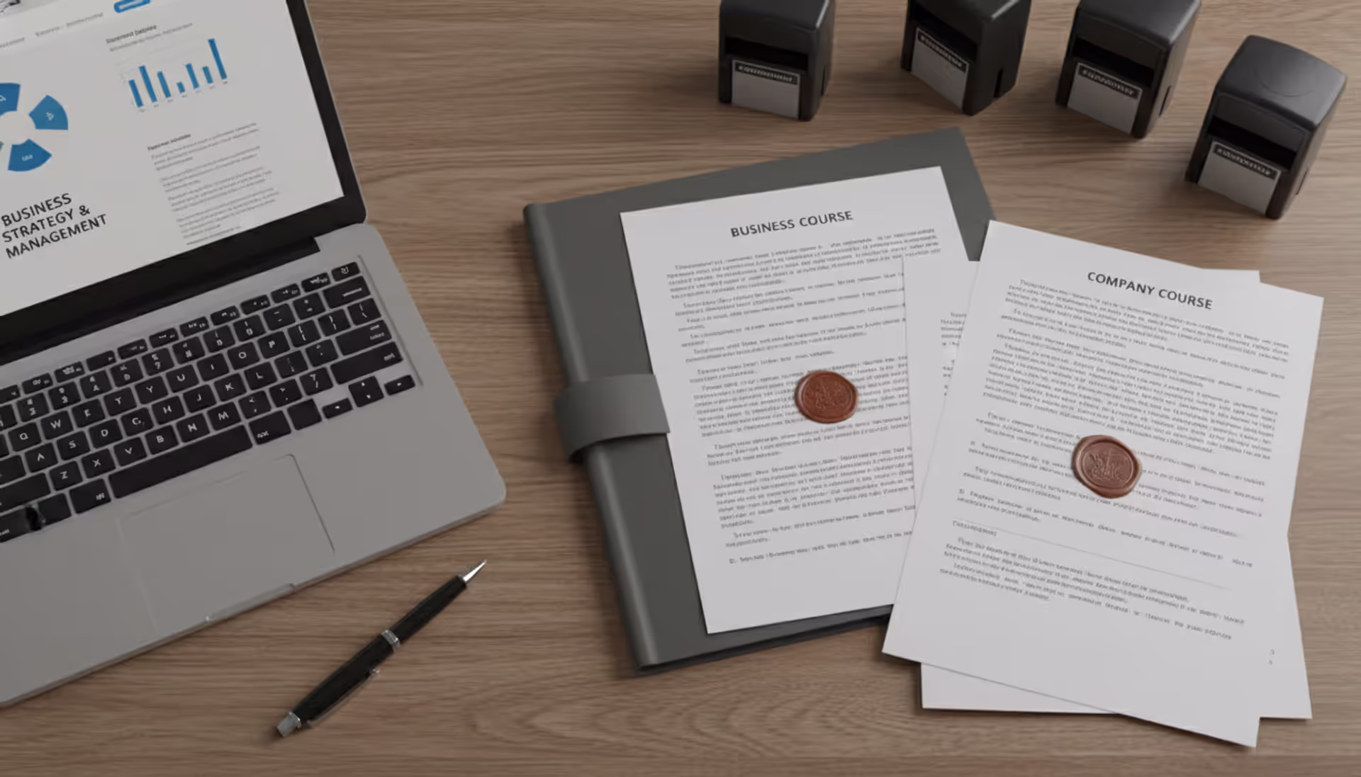 Overhead view of a desk with official documents, a laptop showing an online course screen, a pen, and a paper folder in neutral tones