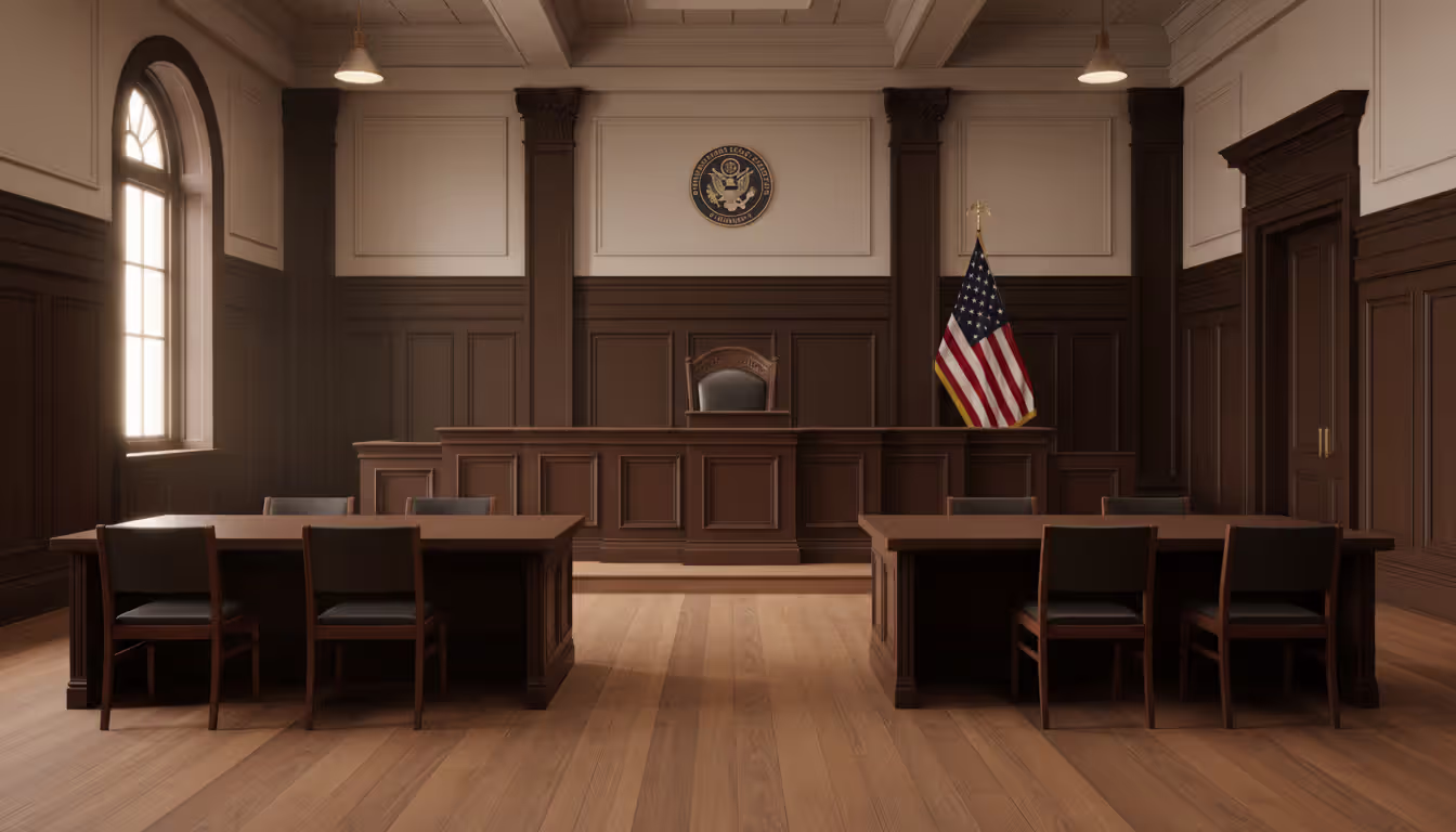 Empty U.S. bankruptcy courtroom interior with wooden judge bench, tables for parties, and an American flag