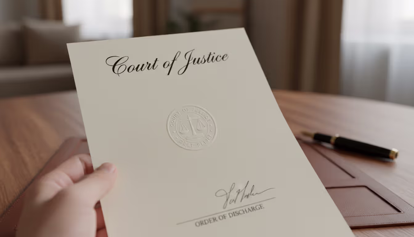 A person's hand holding an official one-page court discharge order document with a seal and signature on a wooden desk