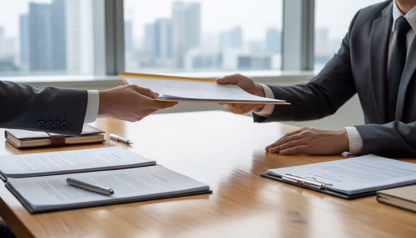 Person handing legal document folder to professional in suit across office desk with papers and pen