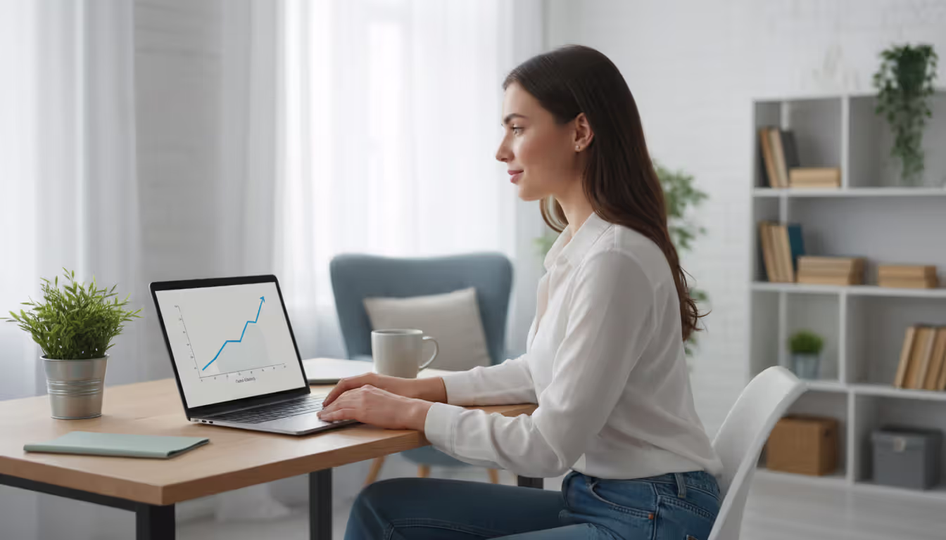 Young woman looking at laptop screen showing upward trending graph in bright modern home office