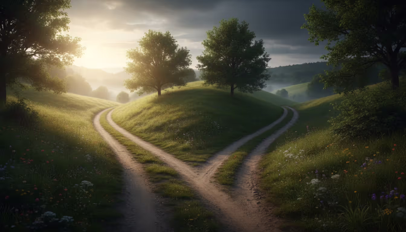 Fork in the road with two paths diverging in green landscape one leading to bright horizon and another to darker uncertain path