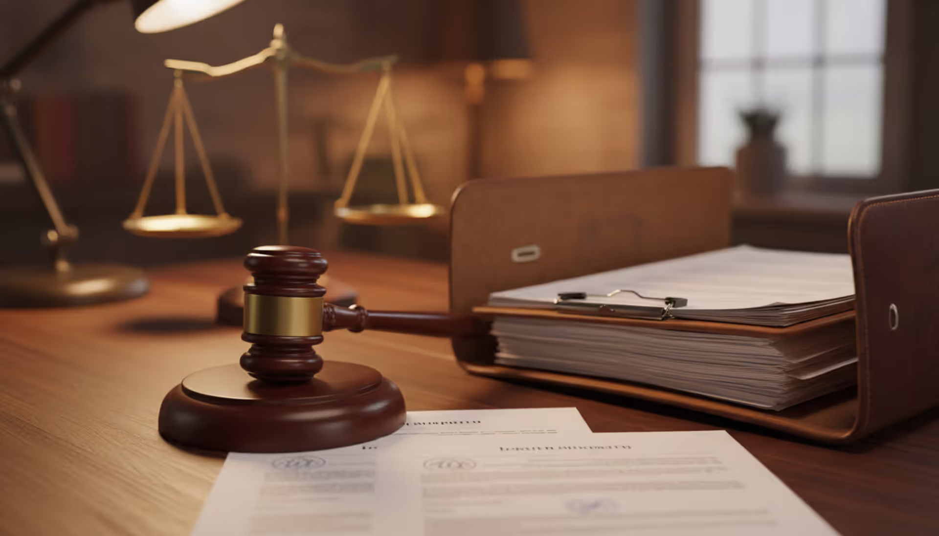 Wooden judge gavel on desk next to open legal folder with justice scales in blurred background