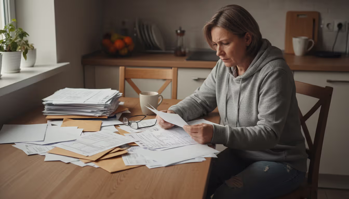 Middle-aged person sitting at a kitchen table carefully reviewing financial paperwork and official bankruptcy forms