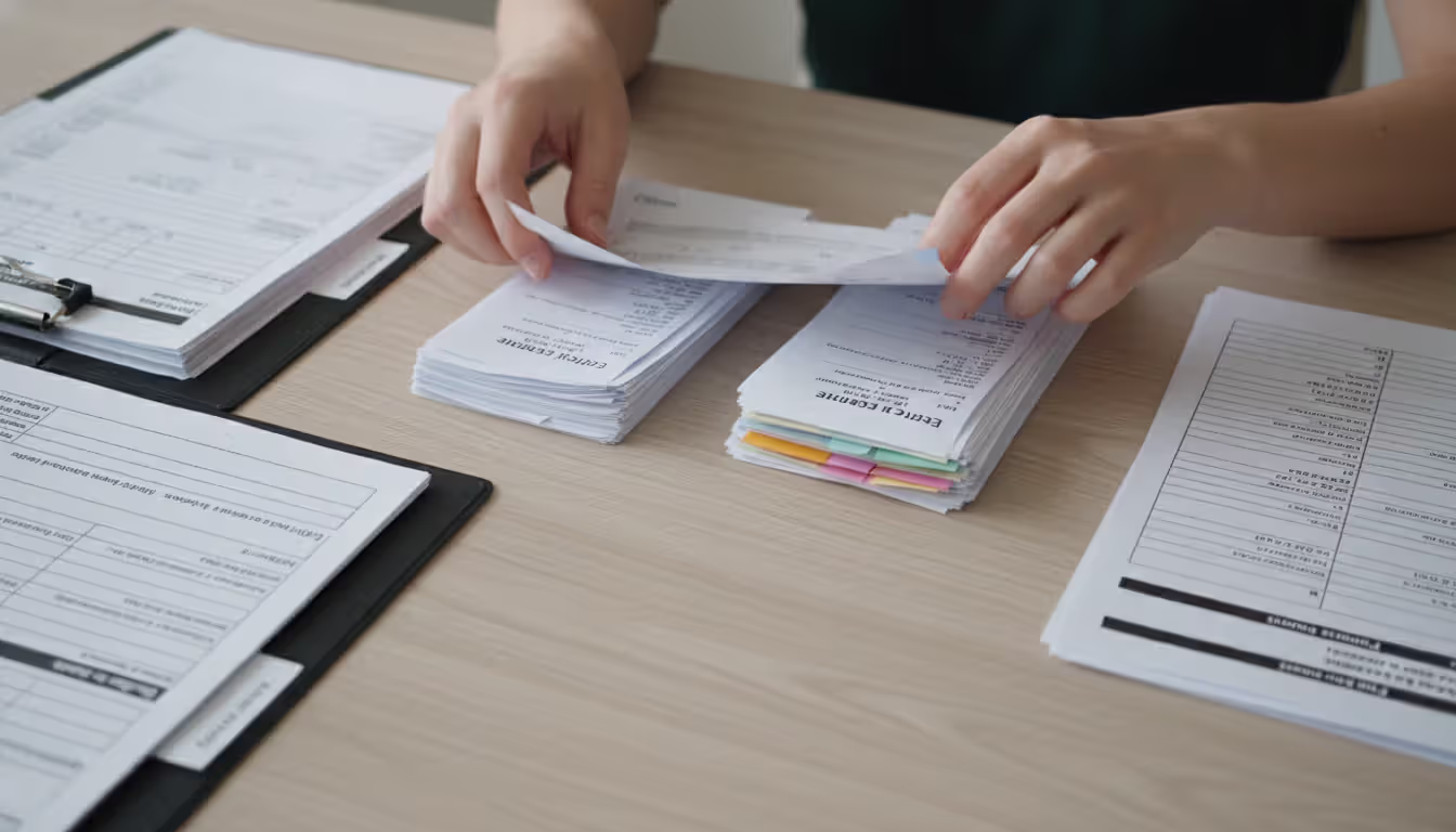 Close-up of hands sorting receipts and payment documents into organized piles on a wooden desk