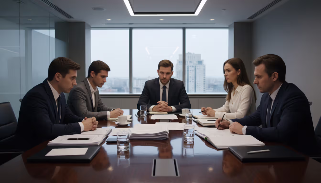 Business professionals in formal meeting around conference table negotiating creditor claims during bankruptcy proceedings