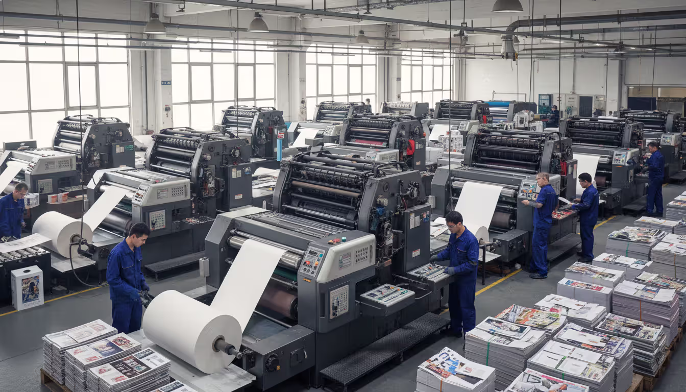 Active commercial printing facility with large printing presses, paper rolls, and workers operating equipment in a well-lit industrial workshop
