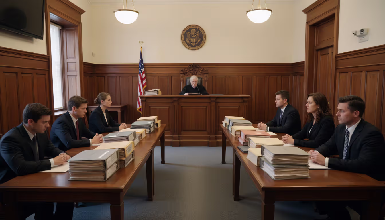 US bankruptcy courtroom hearing with judge at the bench and two groups of attorneys and business professionals sitting at opposing counsel tables with legal document folders