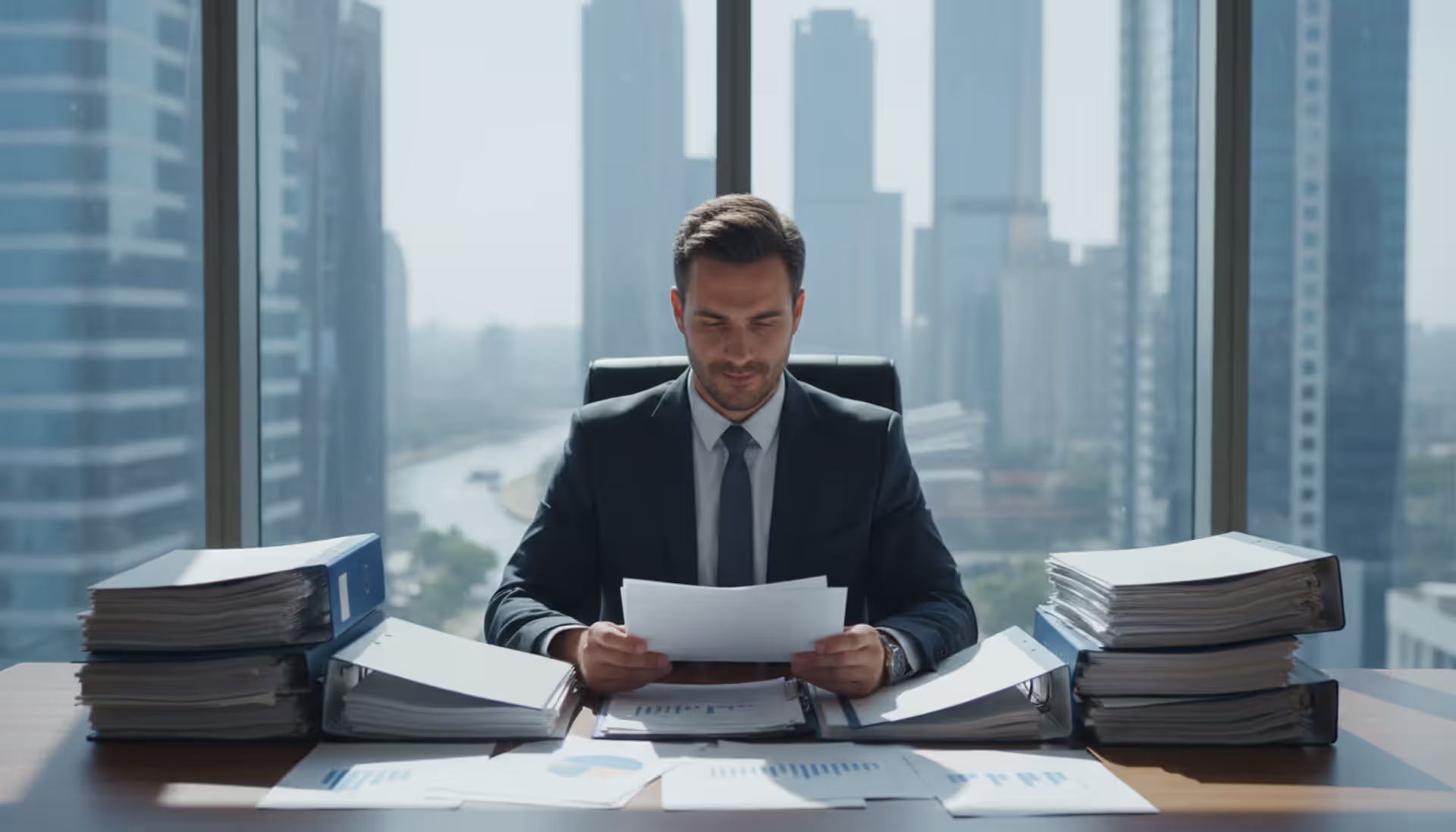 Business professional reviewing financial restructuring documents at a modern office desk with city skyline view through panoramic window