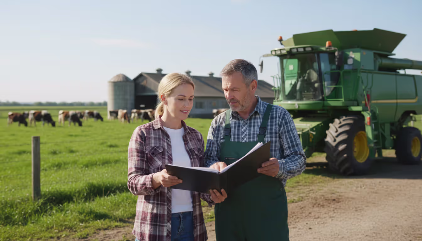 Farm family couple reviewing documents in front of their dairy farm with cattle and agricultural equipment in the background