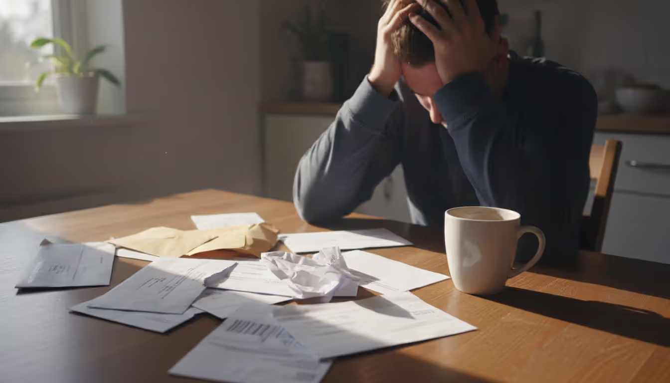 A stressed person sitting at a kitchen table with head in hands surrounded by scattered open envelopes and a coffee mug in soft daylight