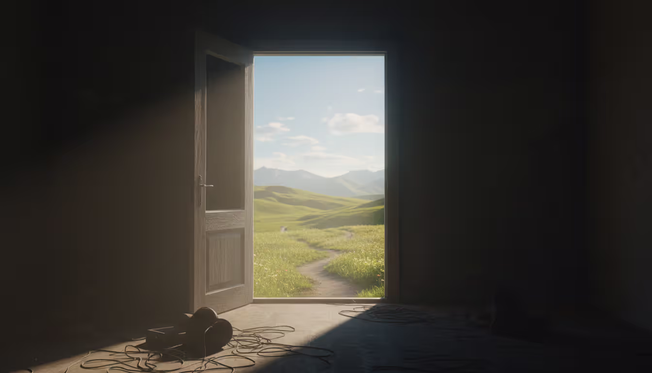 An open doorway leading from a dark room into a bright sunlit path forward symbolizing a fresh financial start