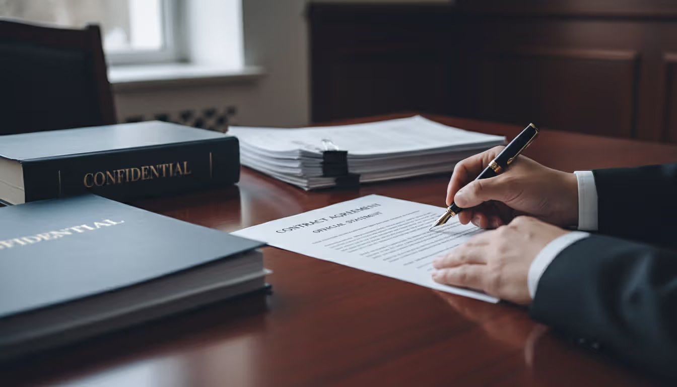 Close-up of hands signing an official legal petition document at a wooden desk with stacks of paperwork nearby