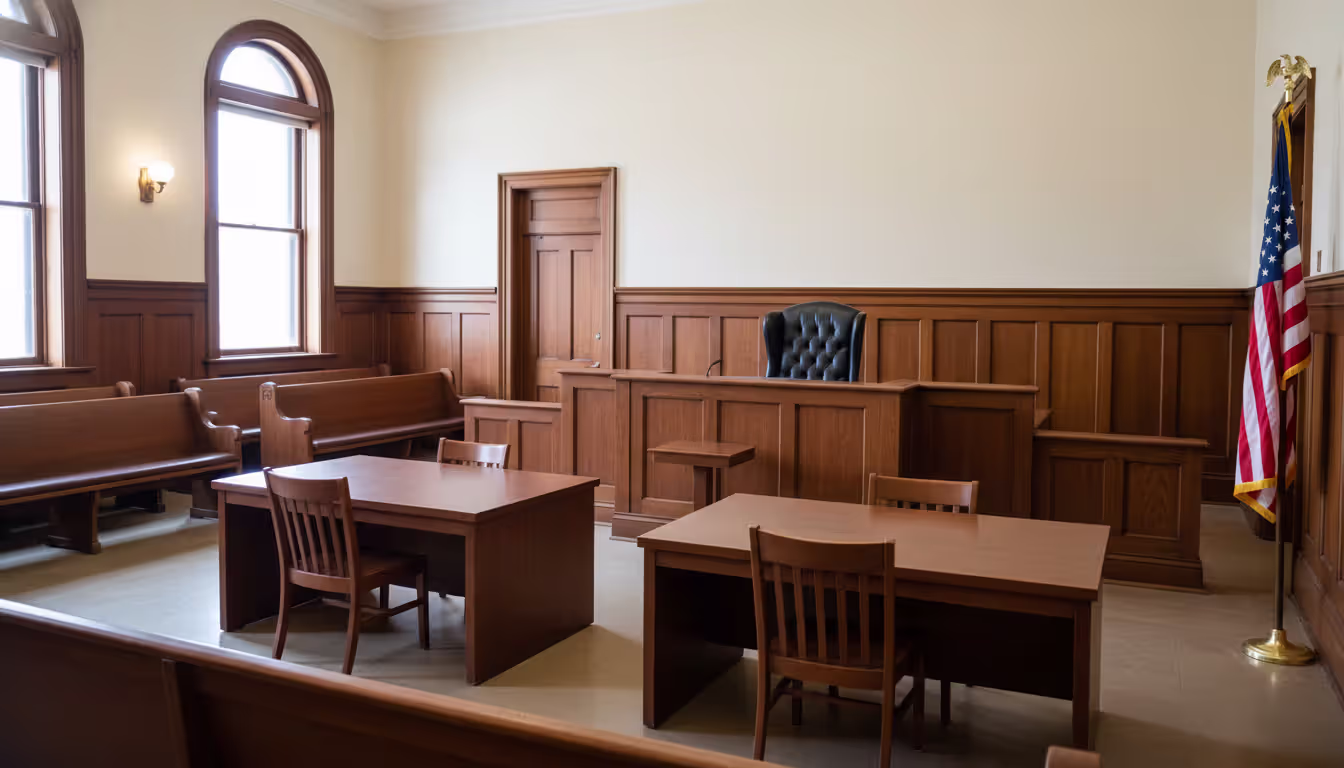 An empty American bankruptcy courtroom with a wooden judge bench, seats, and an American flag