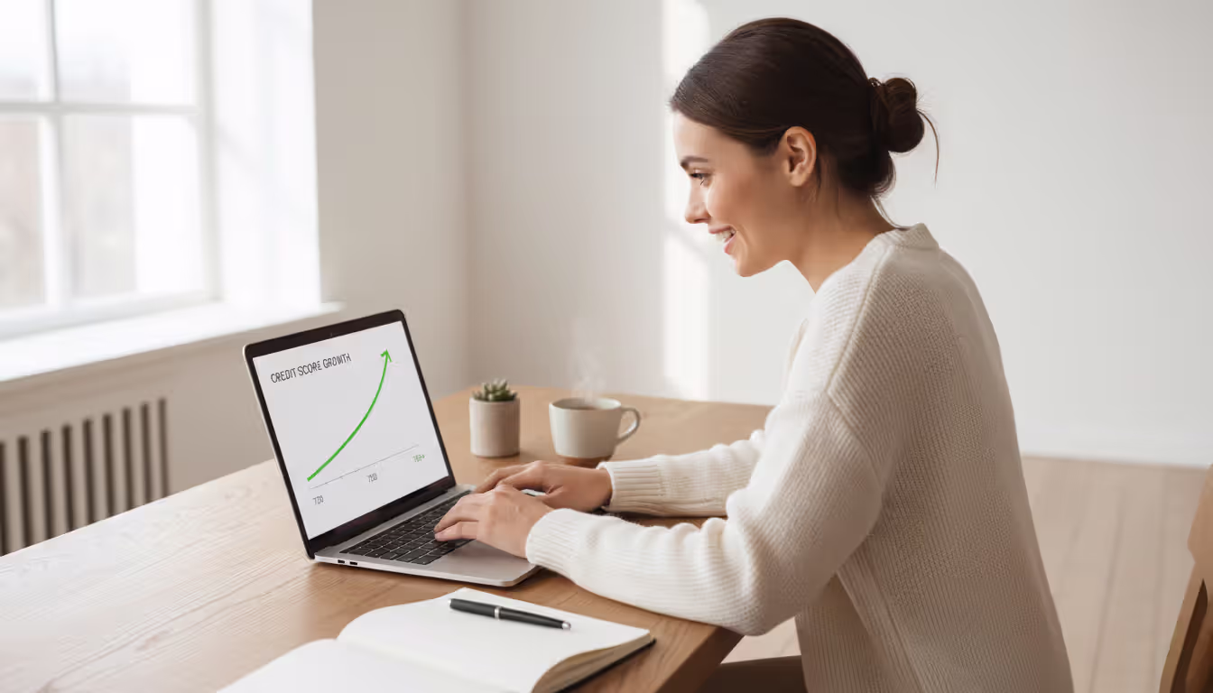 A young woman at a laptop reviewing an upward-trending credit score graph on screen in a bright room