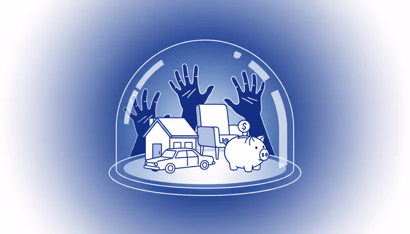 Transparent protective dome shielding house car and savings from creditors hands concept illustration