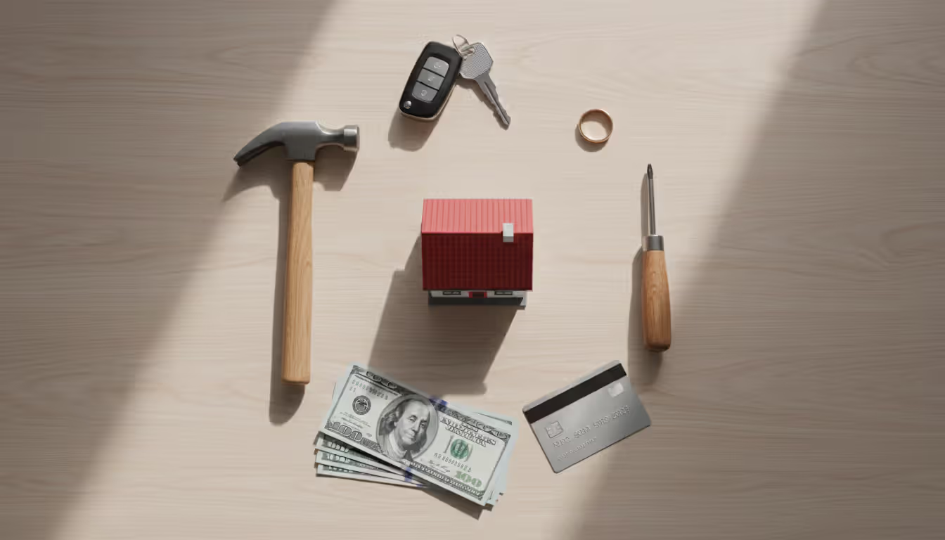 Flat lay of protected assets including house model car keys ring tools and money on light table