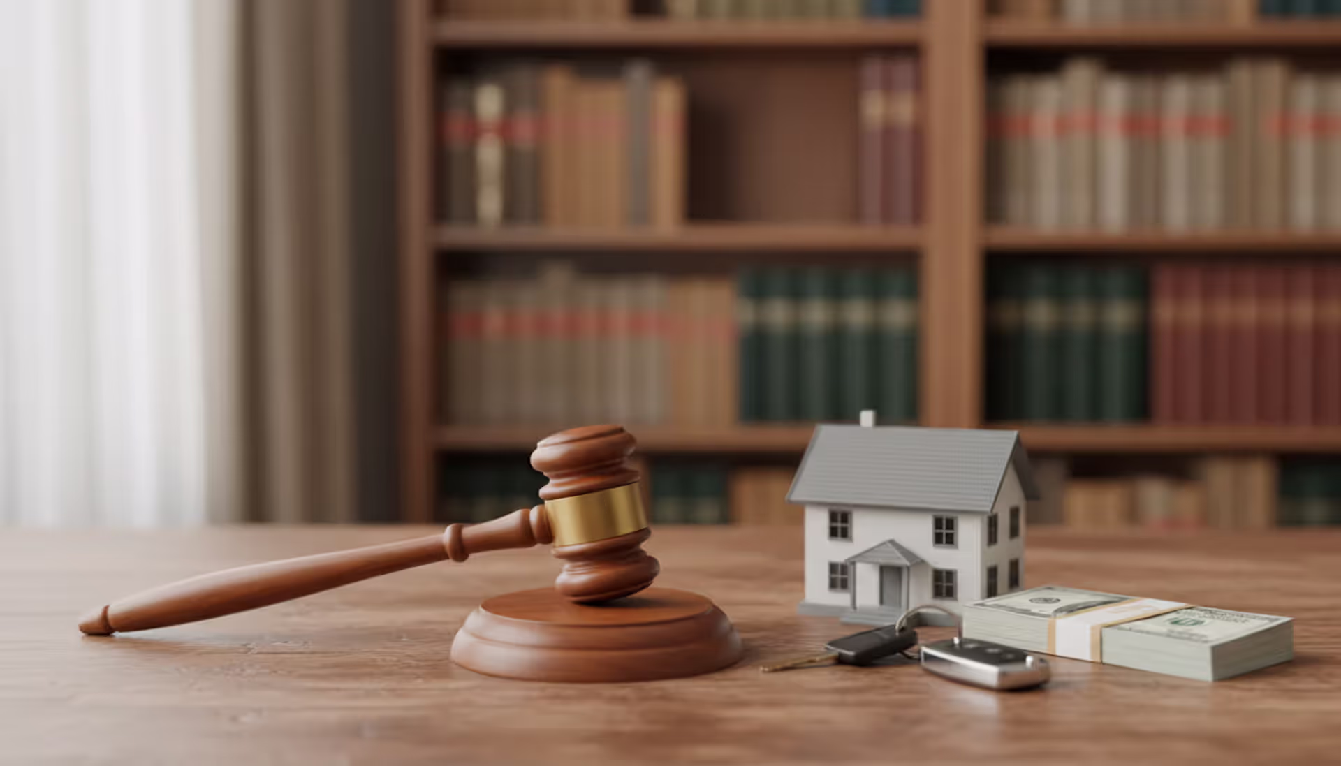 Judge gavel with miniature house model and car keys on wooden desk symbolizing bankruptcy asset protection