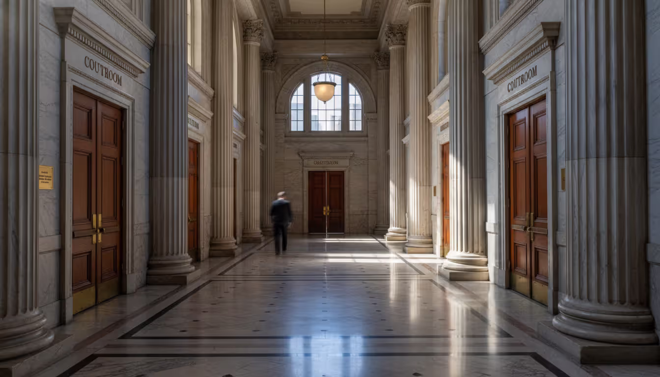 Empty hallway of a US federal courthouse with marble columns, wooden doors, and natural light coming through tall windows