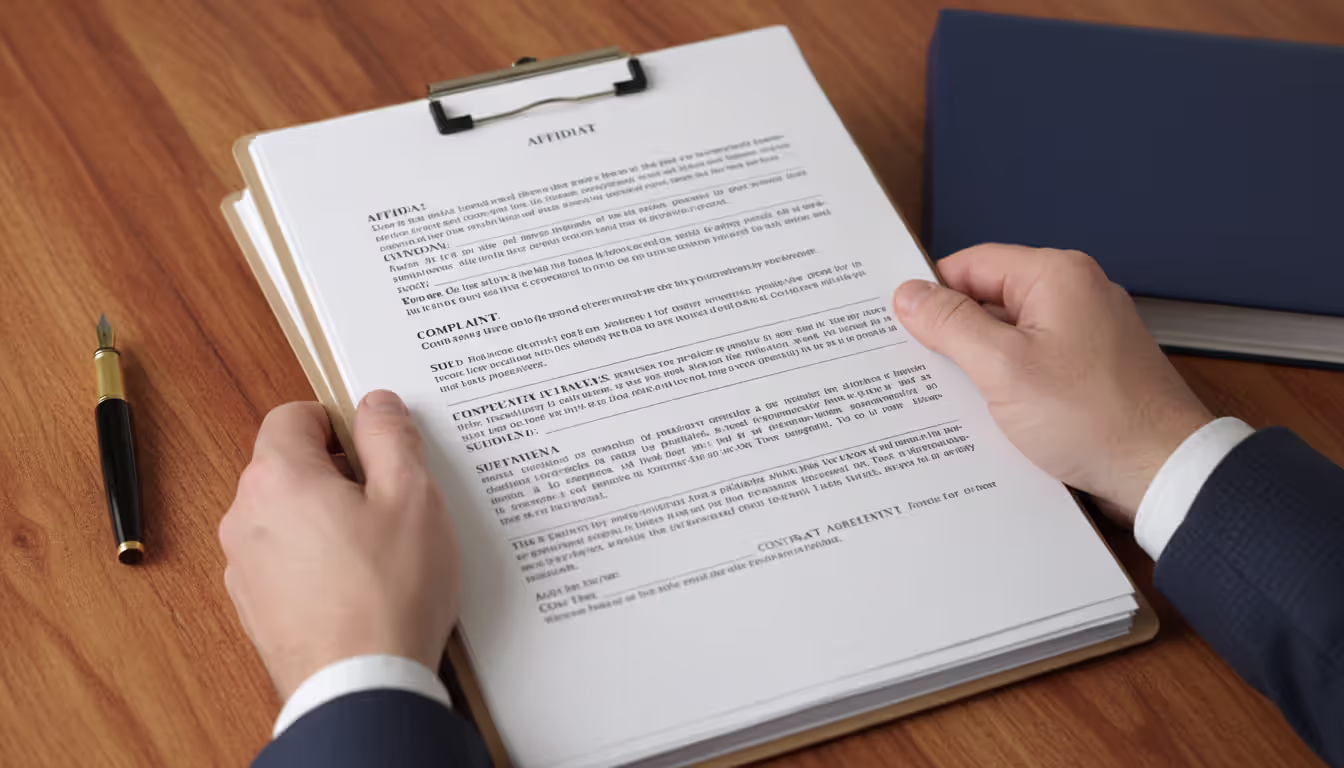 Close-up of hands holding a thick stack of official legal documents and forms on a wooden desk with a pen nearby