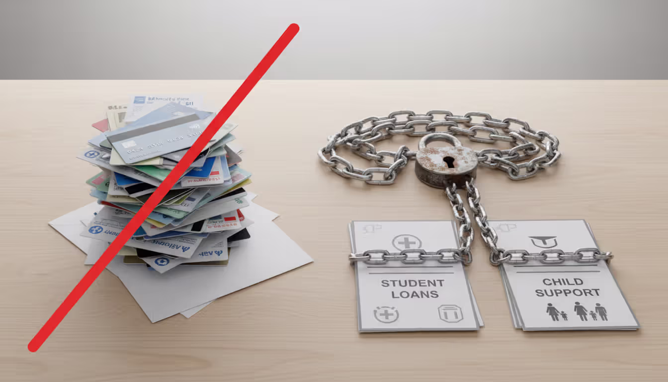 Top-down view of a table with crossed-out credit cards and medical bills on one side and chains with a padlock on the other side symbolizing dischargeable and non-dischargeable debts