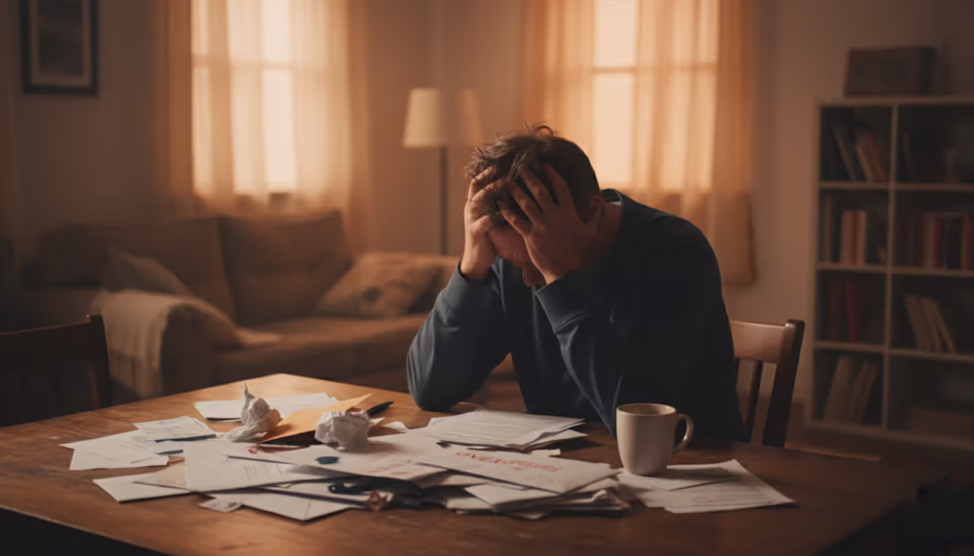 Stressed person sitting at a table covered with unpaid bills and envelopes, holding head in hands in a dimly lit living room