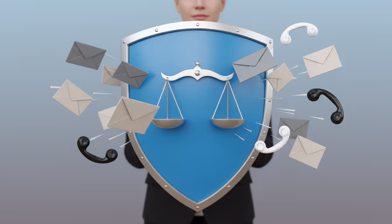 Blue legal shield with scales of justice deflecting collection letters and phone calls, symbolizing bankruptcy discharge protection