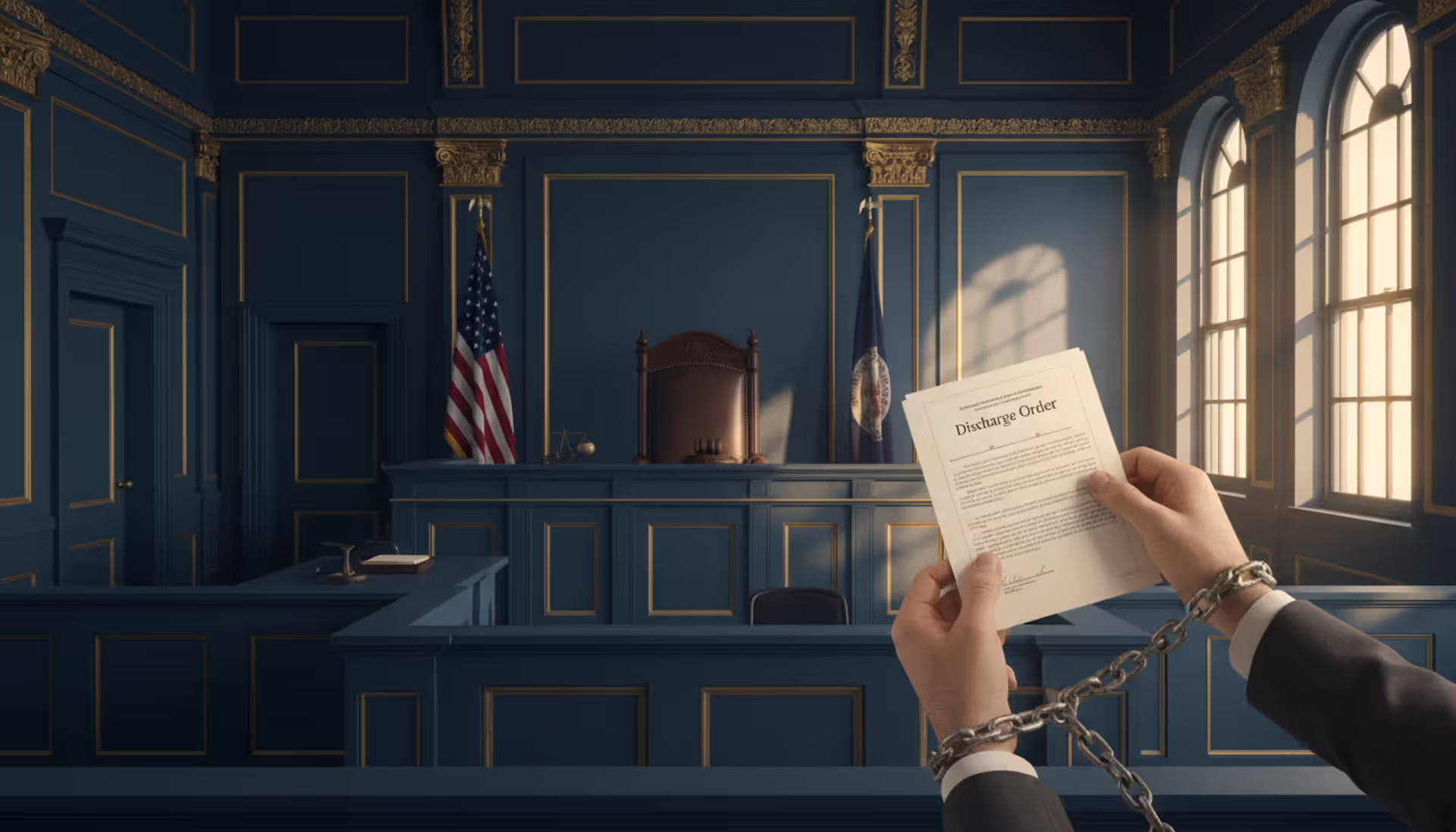 US bankruptcy courtroom with judge gavel and discharge order document, person symbolically freed from chains on wrists