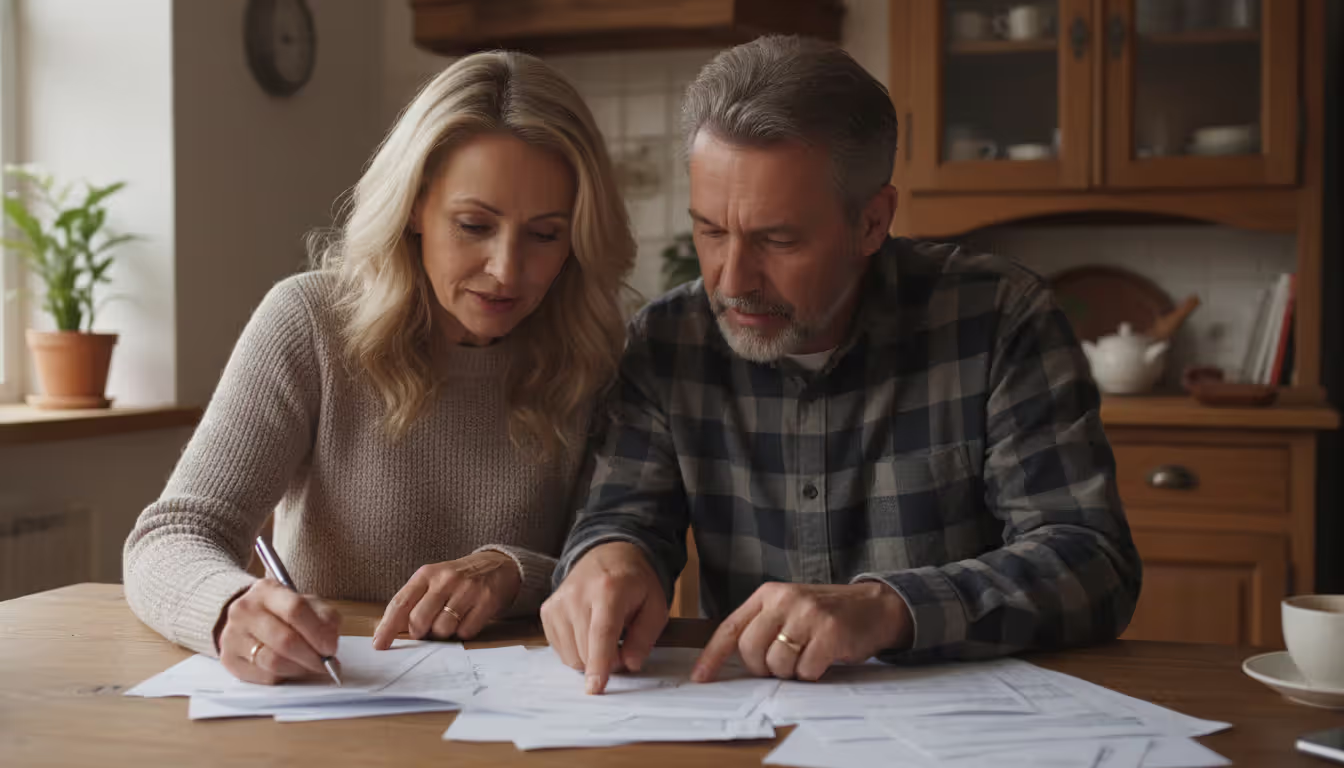 Middle-aged couple sitting at a kitchen table reviewing financial documents and bills together with focused expressions