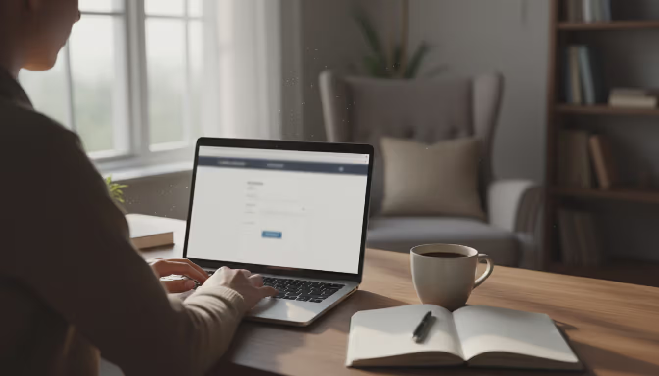 Person sitting at a laptop at home completing an online counseling session with a coffee mug and notepad nearby