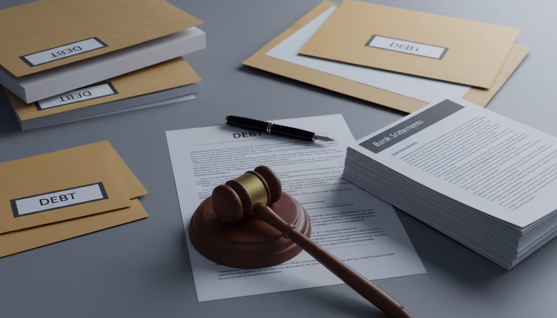 Overhead view of a desk with legal documents, a judges gavel, envelopes, and bank statements representing bankruptcy filing process