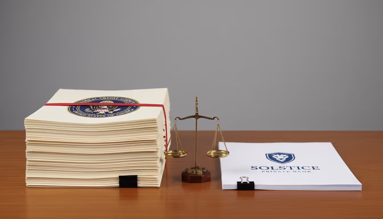 Two contrasting stacks of loan documents on a desk with a small scales of justice figurine between them representing federal versus private student loans