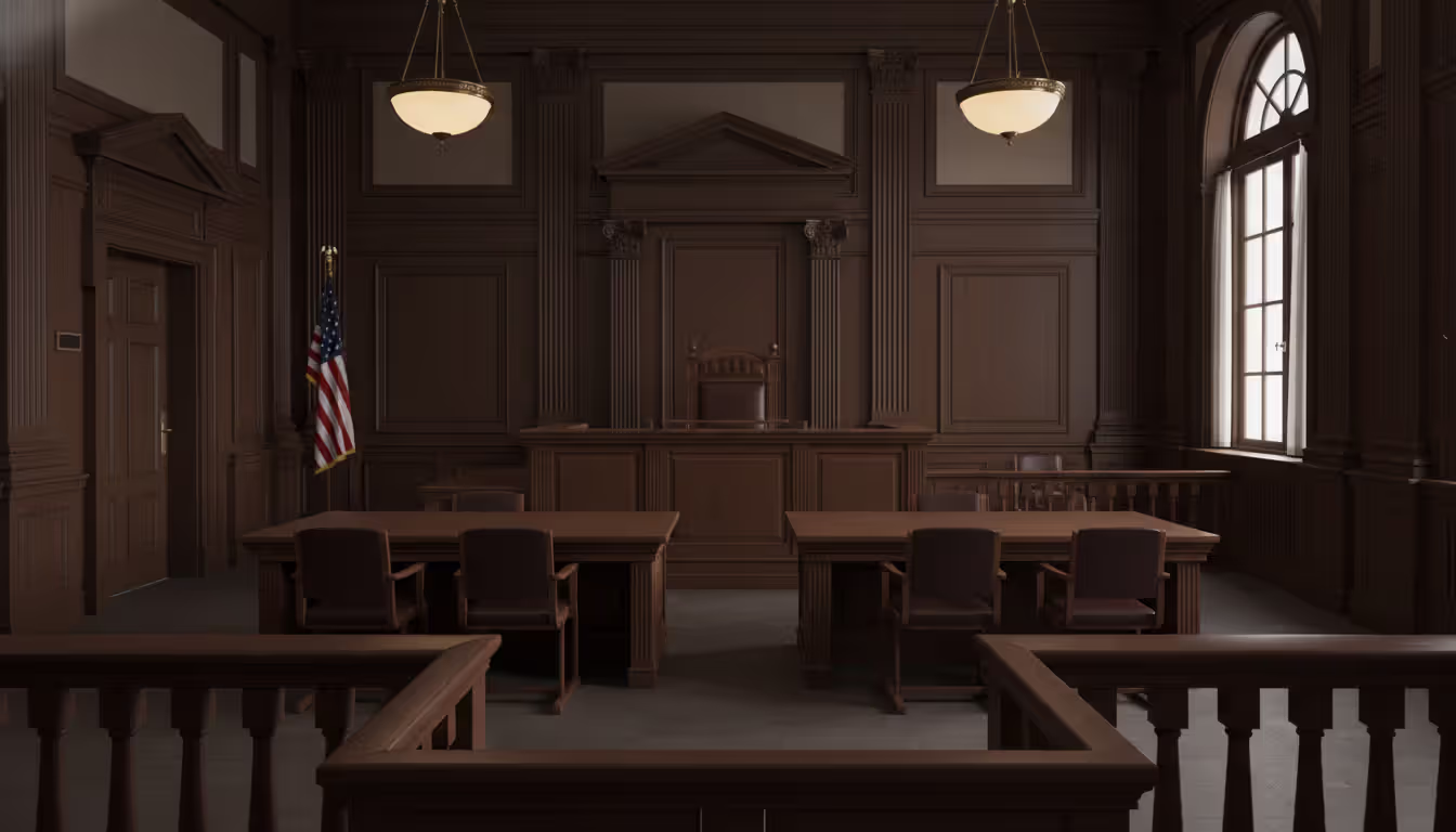 Empty American courtroom interior with judge's bench, attorney tables, wooden paneling, and an American flag creating a solemn atmosphere