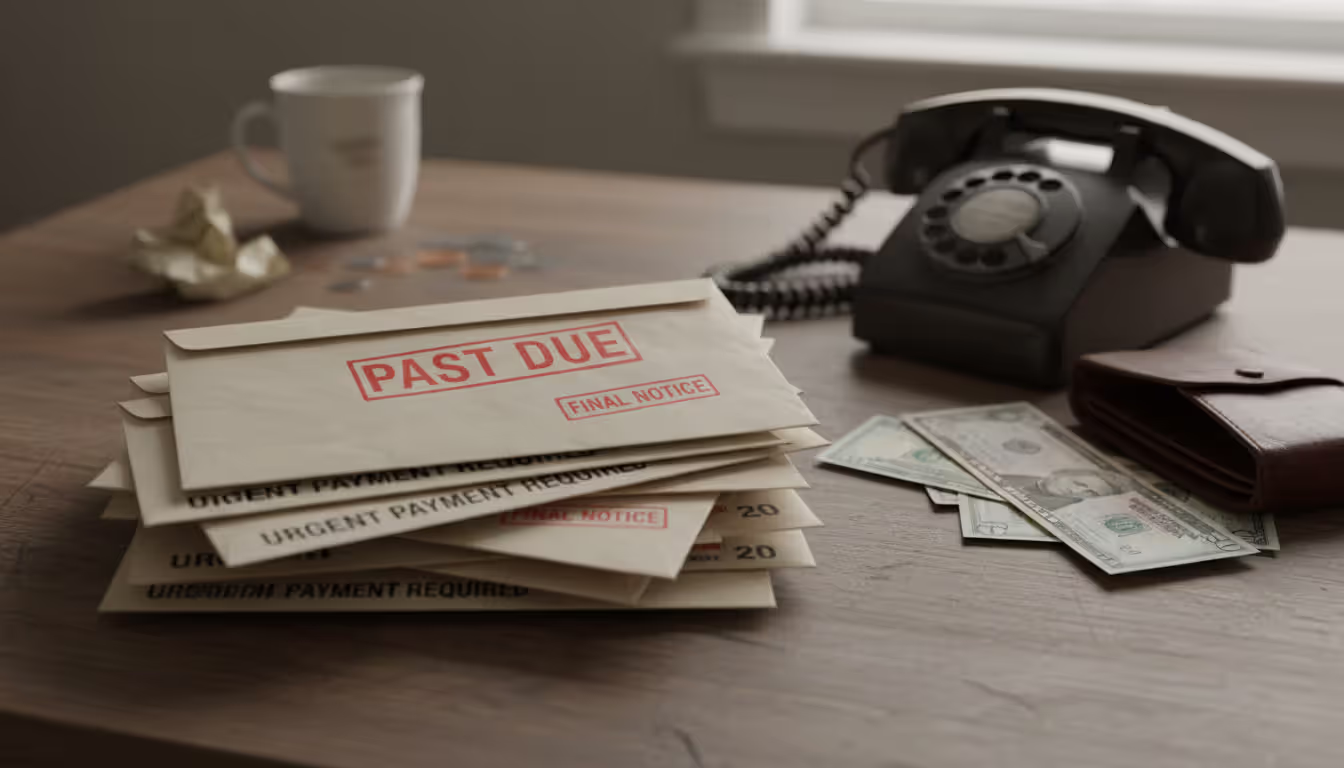 Stack of past due notice envelopes on a desk next to a phone and dollar bills representing debt collection pressure