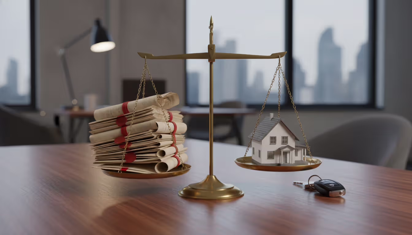 Scales of justice balancing debt documents against a small house and car keys representing assets versus liabilities