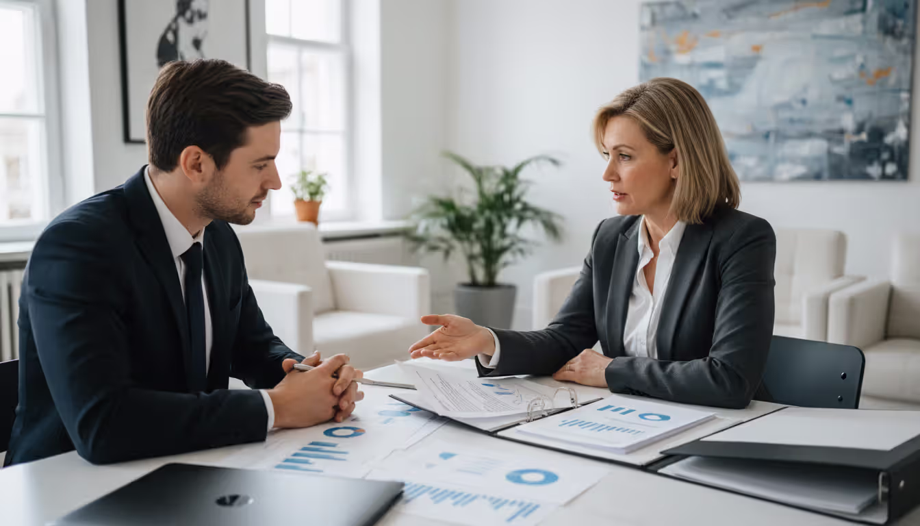 Person sitting across from a financial counselor in a modern office reviewing debt relief documents