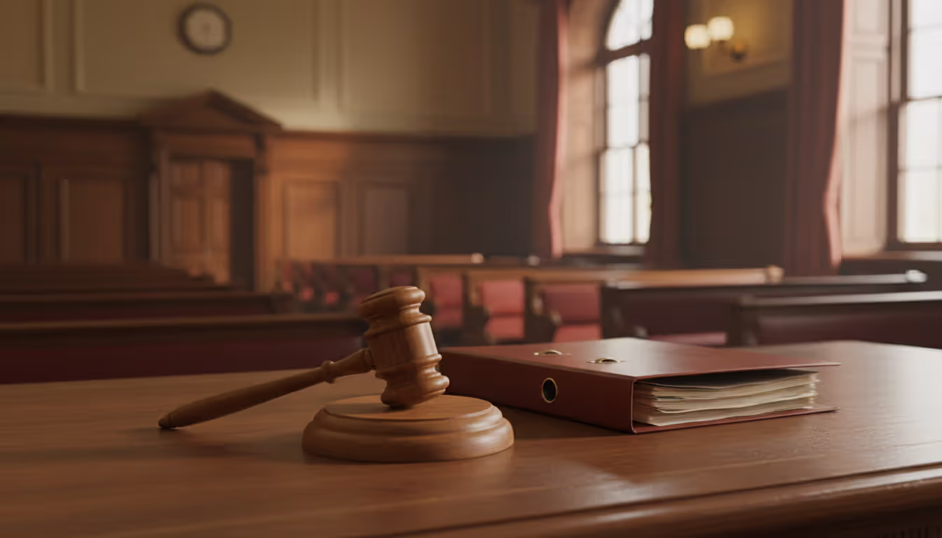 Judge gavel on wooden stand in a courtroom with legal documents nearby representing bankruptcy filing process