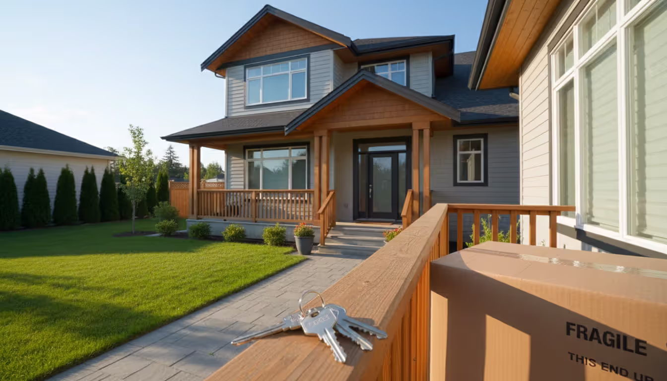House keys placed on a porch railing of a suburban home with a moving box nearby on a sunny day