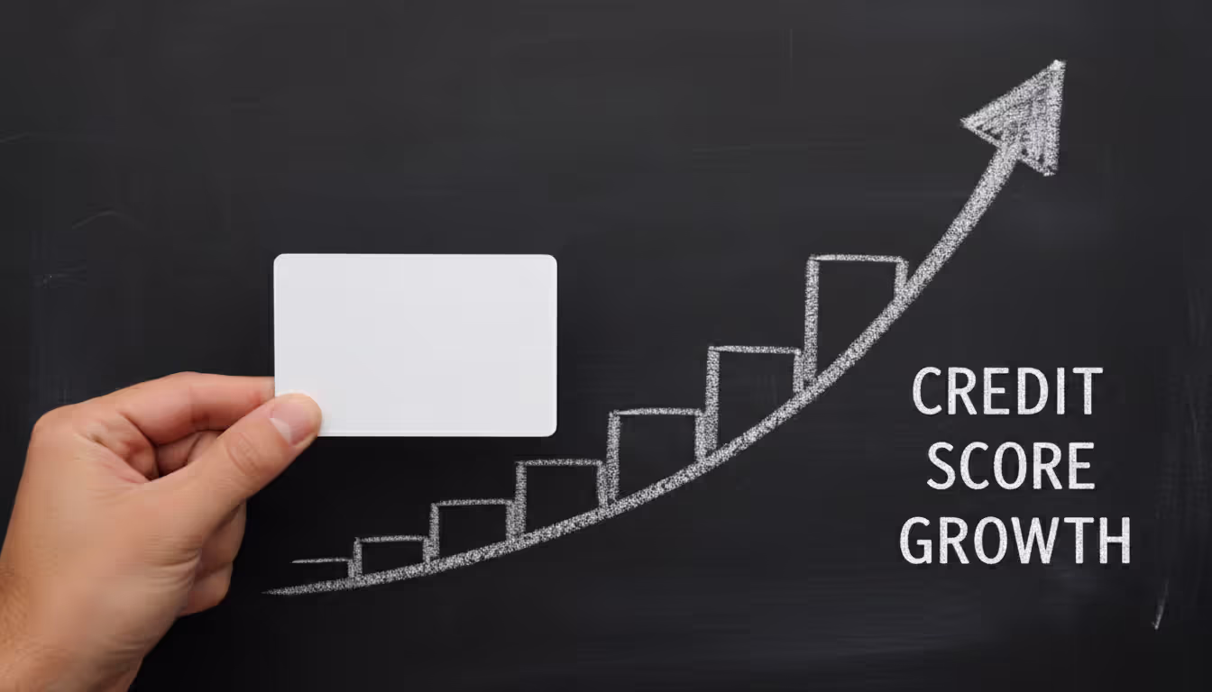Hand holding a generic bank card in front of a chalkboard with an upward arrow graph symbolizing credit score recovery
