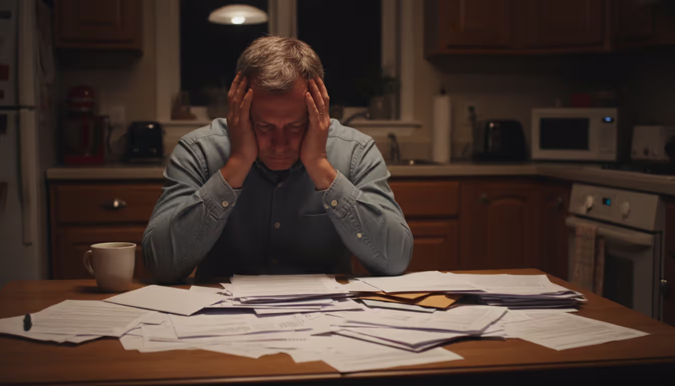 Stressed person sitting at kitchen table surrounded by piles of bills and financial documents looking overwhelmed