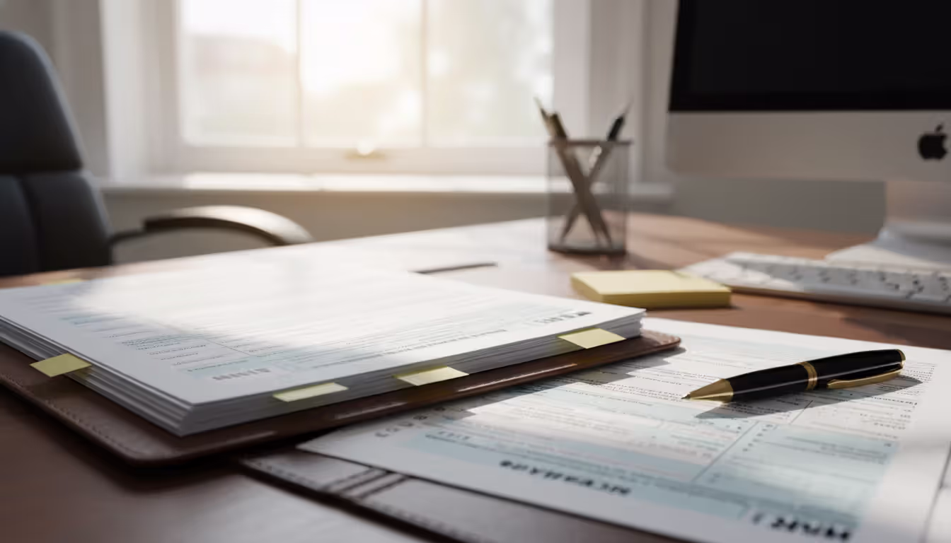 Close-up of an open folder with tax forms and financial documents on an office desk with sticky note tabs and a pen in soft daylight