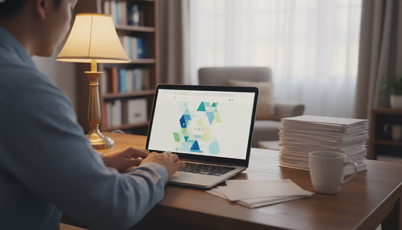 Person sitting at a desk in a home office with a laptop, stack of paper envelopes, and a coffee cup under soft desk lamp lighting