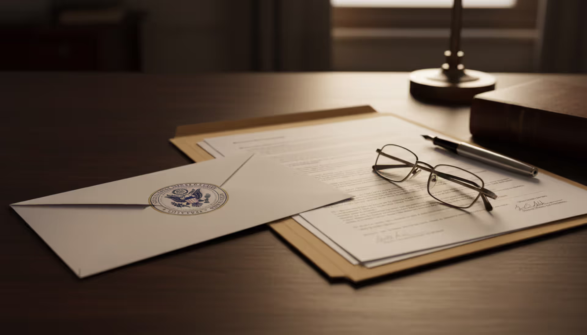 Official IRS envelope on a wooden desk next to a legal documents folder, pen, and reading glasses in warm side lighting