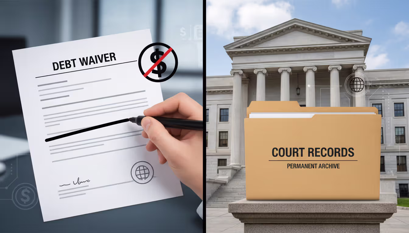 Split image showing a debt document being crossed out on one side and a courthouse with intact court records folder on the other side illustrating debt discharge versus public record retention