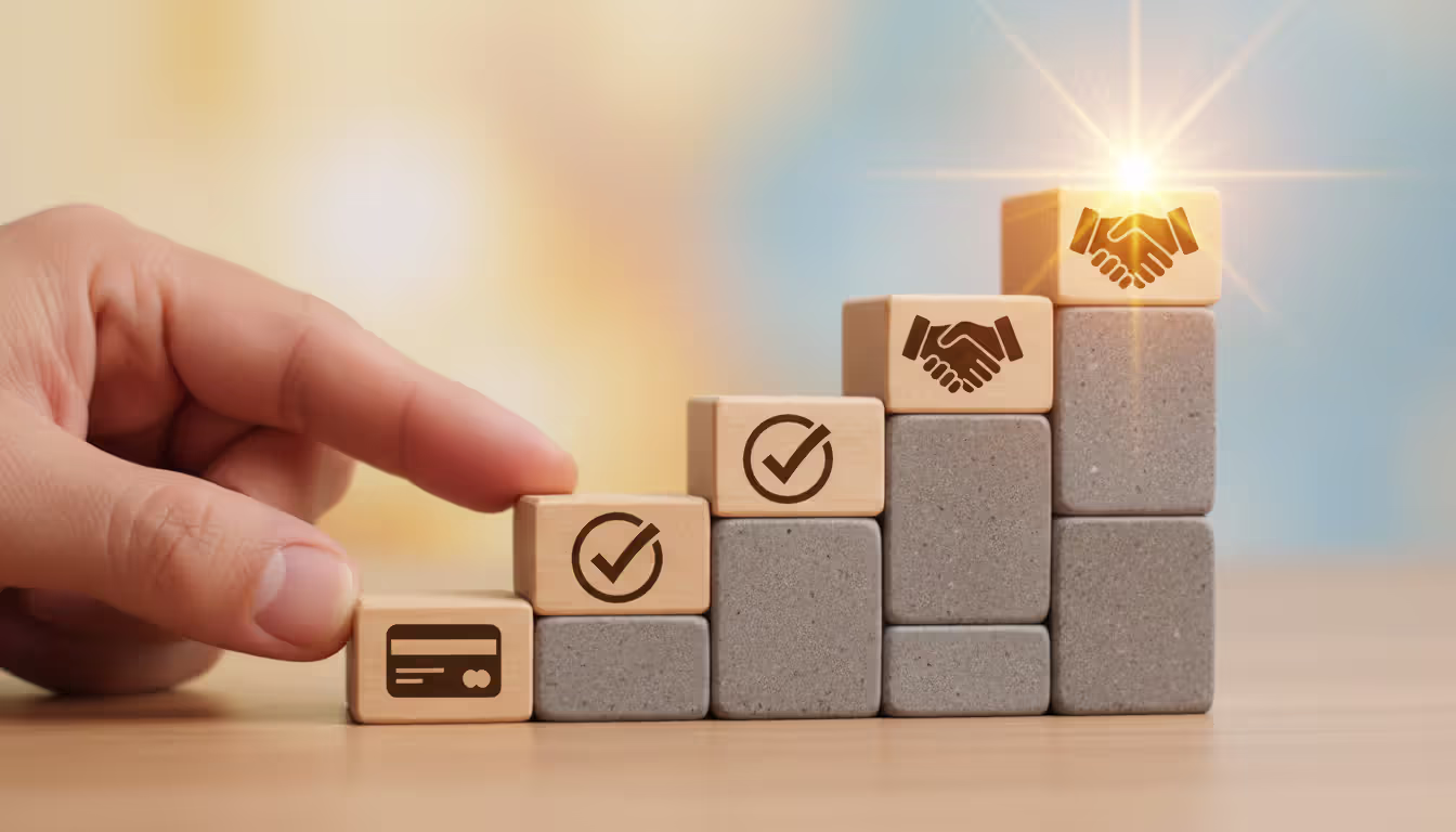 Hands stacking building blocks with credit card and checkmark icons forming an ascending staircase graph toward a shining star symbolizing credit score rebuilding after bankruptcy
