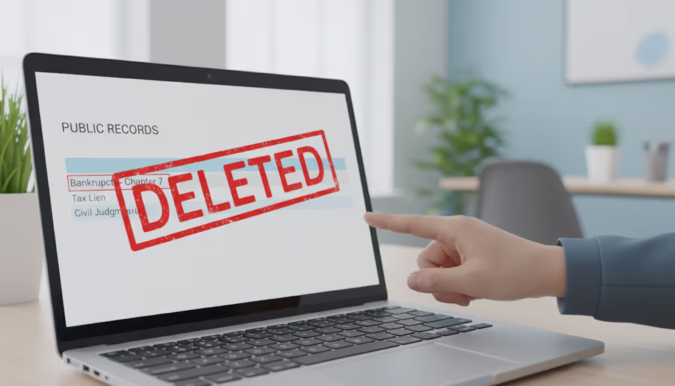 Laptop screen showing a credit report with a bankruptcy public record entry being removed or marked as deleted